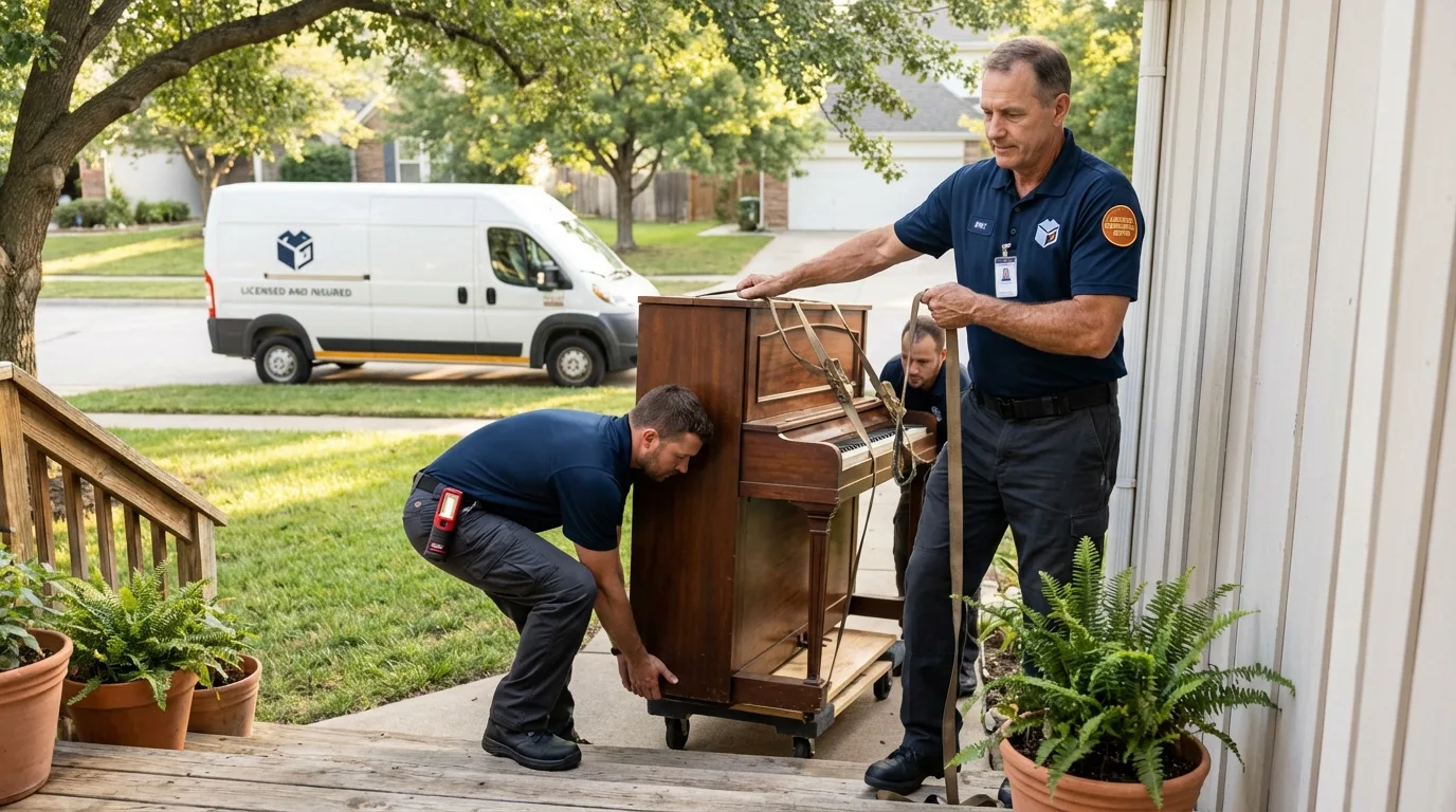 Licensed piano movers securing grand piano in Pine Grove Mills, PA