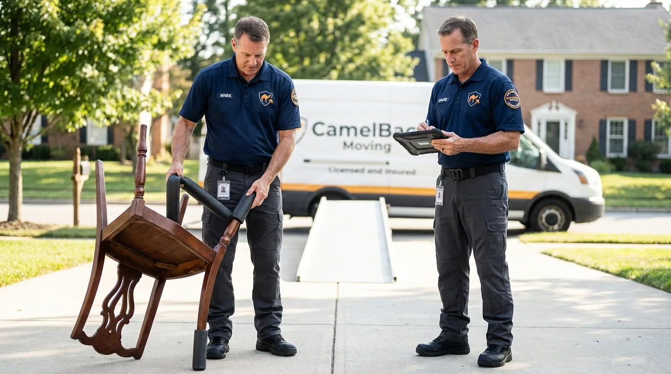 Movers inspecting furniture for damage prevention before loading in Pine Grove Mills, PA