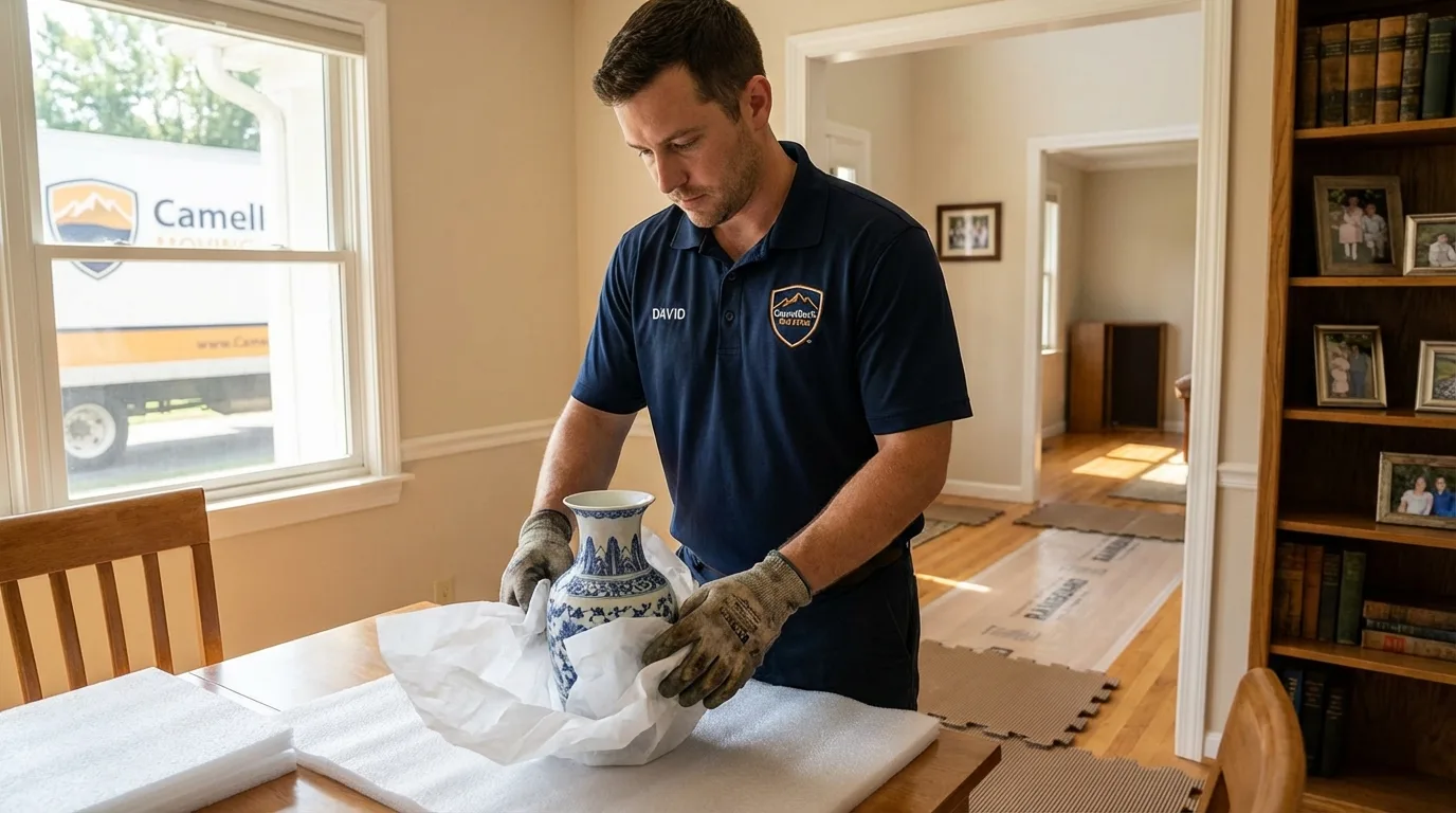 Professional crew carefully wrapping antique vase for senior downsizing move in Pine Grove Mills, PA